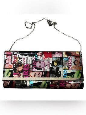 Magazine Cover Print Crossbody Bag with Silver Chain Strap EUC